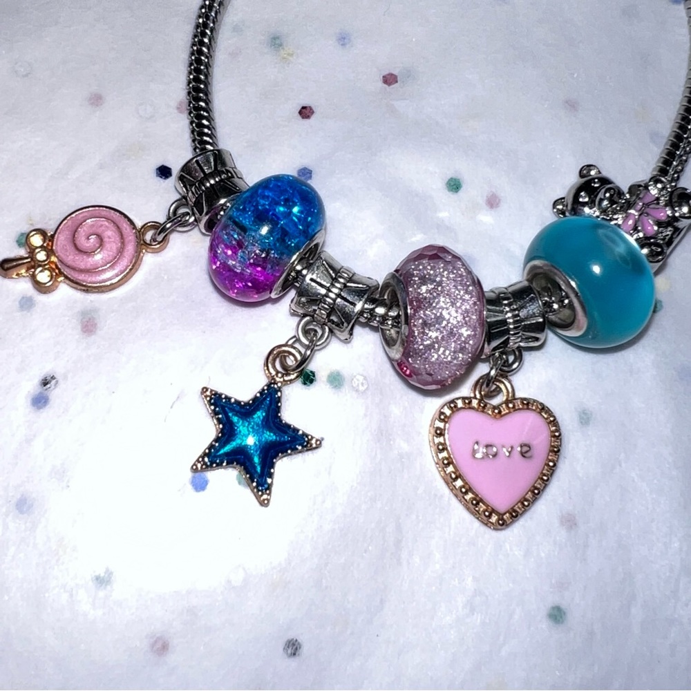 NEW HEART, LOLLIPOP, STAR & BEAR CHARM BRACELET SILVER PLATED SNAKE CHAIN